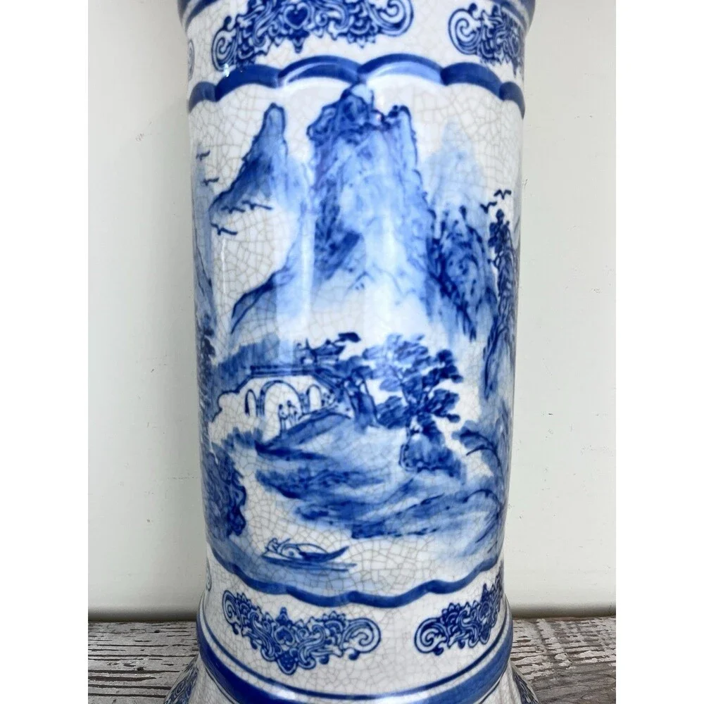 Vintage Mid Century Pedestal Shan Shui Pattern Mountain River Blue White Crazed